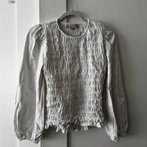 Loft White Puff Sleeve Ruched Smocked Blouse